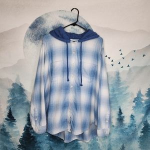 American Eagle Cozy Cabin Plaid Flannel Hooded Shirt Long Sleeve Women's Large